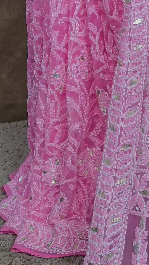 Rose Lattice Pink Chiffon Chikankari Gota Patti Saree