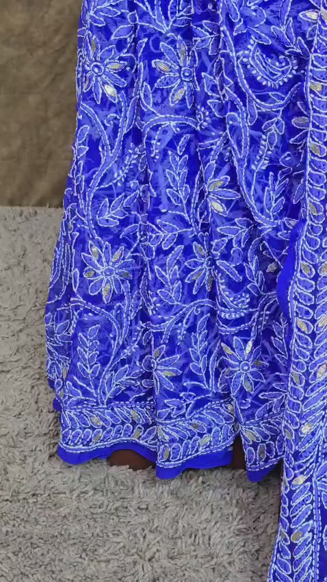 Cobalt Blue Chiffon Full Jaal Chikankari Saree with Gota Patti Work