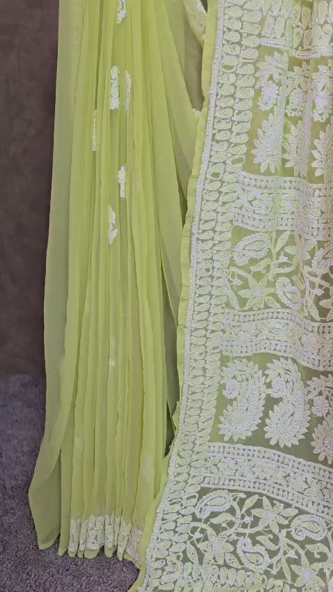 Yellowish Green Chikankari Saree Worth Adding to Your Collection