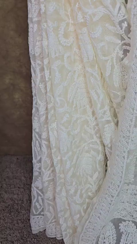 Luxury Cream Chiffon Chikankari Saree | Complete Handcrafted Work