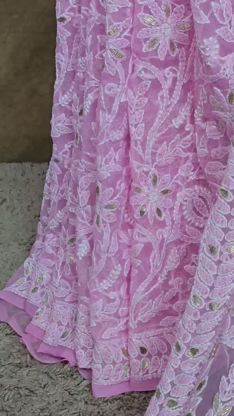Powder Pink Chiffon Chikankari Saree with Gota Patti