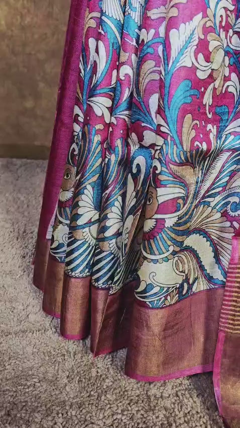 Art-Inspired Magenta-Blue Kalamkari Handloom Silk Saree