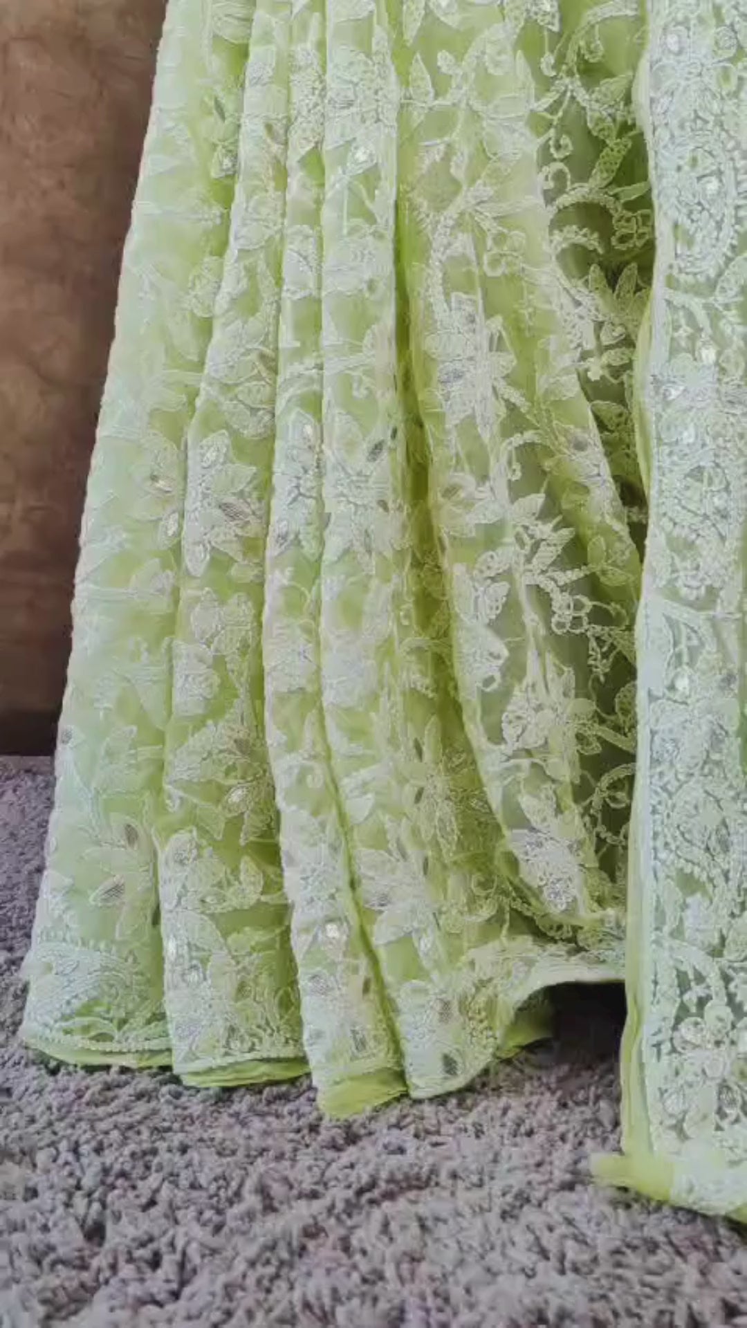 Pastel Green Chiffon Lucknowi Chikankari Saree with Full Jaal & Gota Patti Detailing