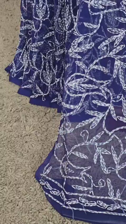 Navy Blue Chiffon Tepchi Chikankari  Saree