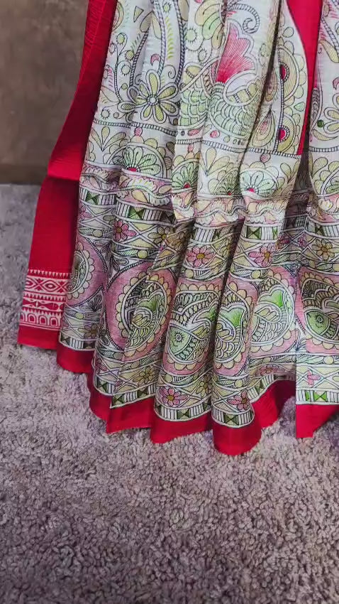 Vibrant Red Handloom Silk Saree with Artistic Hand-Painted Detailing