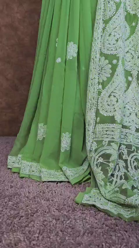 Stylish Green Chiffon Chikankari Saree with White Paan Design Pallu