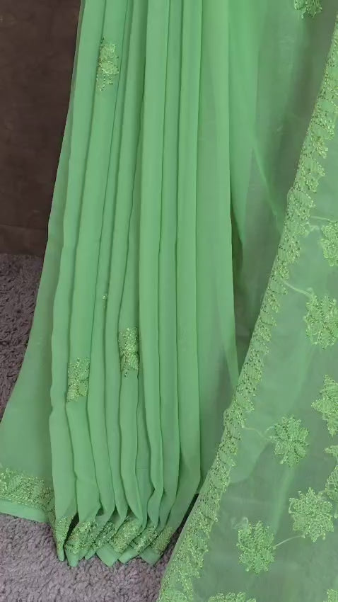 Fern Green Chiffon Monochromatic Resham Thread Chikankari Saree