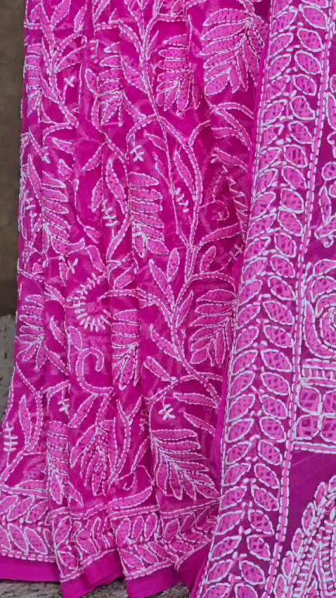 Fuchsia Garden - Handcrafted Lucknowi Chikankari Chiffon Saree
