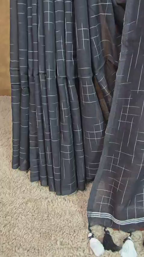 Black Handloom Cotton Saree with Contemporary White Lines